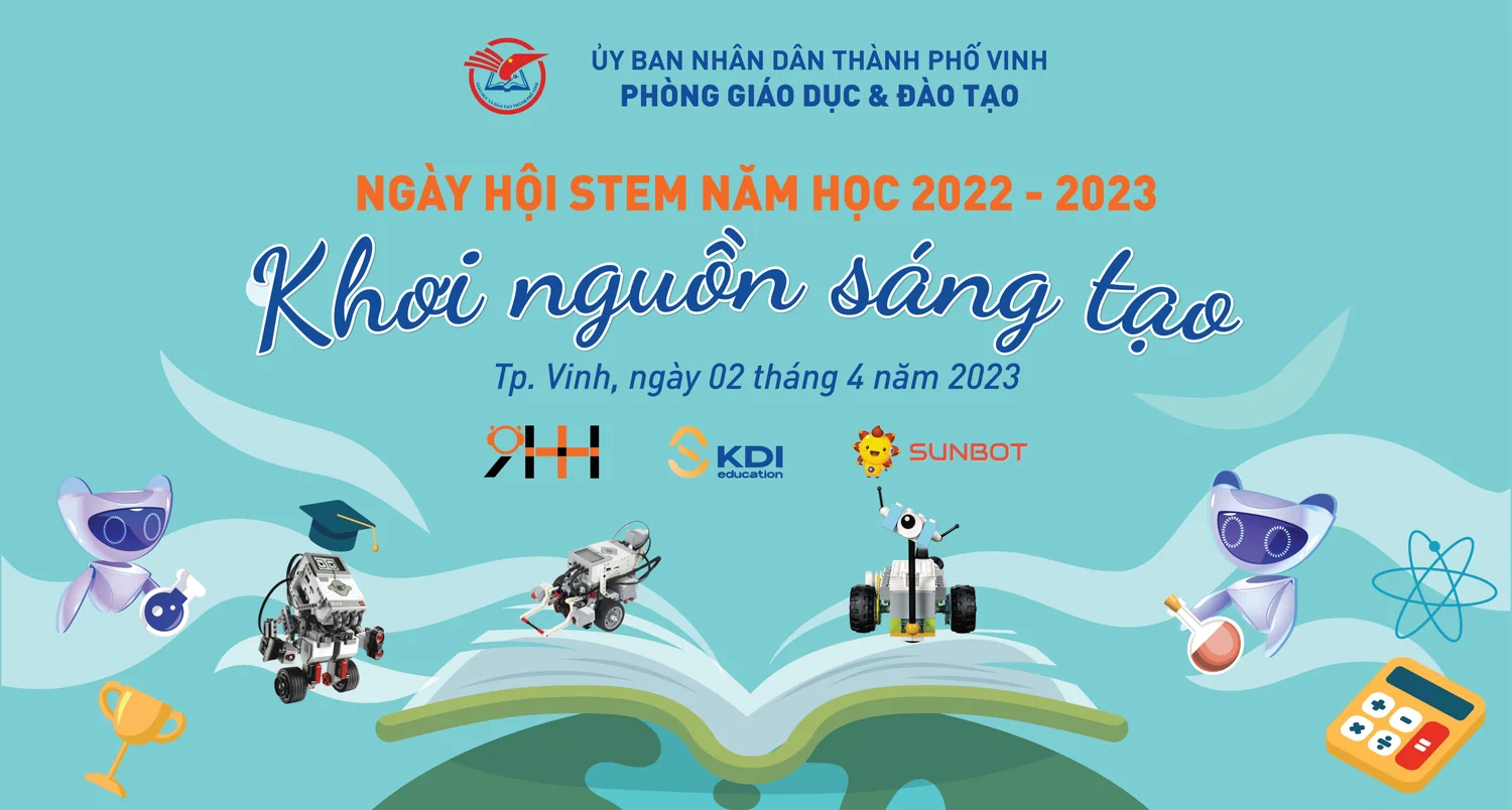 Backdrop Ngày hội STEM năm học 2022–2023 chủ đề Khơi nguồn sáng tạo, do Ủy ban nhân dân Thành phố Vinh và Phòng Giáo dục và Đào tạo tổ chức ngày 02/4/2023, có logo Học viện RHH